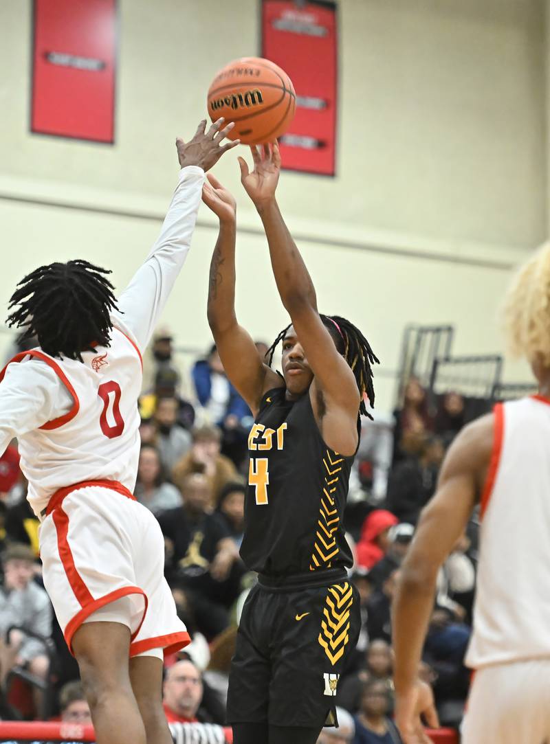 Joliet West's Brilan Townsend shoots a jump shot during the Class 4A sectional semifinal against Homewood Flossmoor at Rich Township on Tuesday, Feb. 27, 2024, at Richton Park. (Dean Reid for Shaw Local News Network)