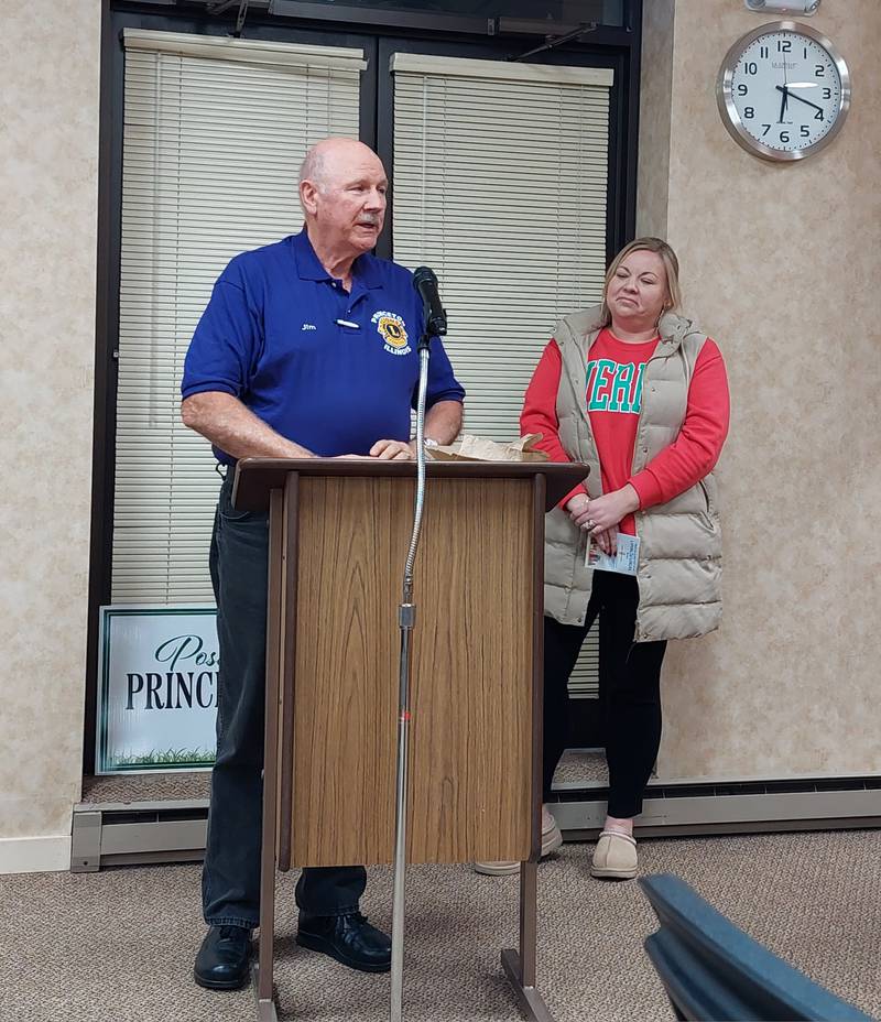 Jim Argo of the Princeton Lions Club and Jenica Cole of the Princeton Area Chamber of Commerce speak Monday, Dec. 4, 2023, during the Princeton City Council meeting about the success of the inaugural lighted Christmas parade.