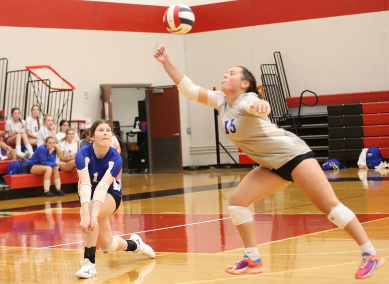 Princeton's Camryn Driscoll and teammate Sylvie Rutledge return a serve on Tuesday, Sept. 17, 2024 at Hall High School.