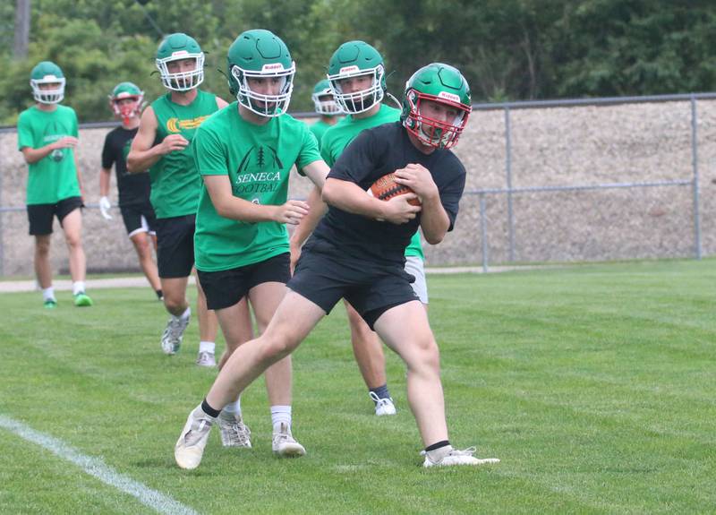 L-P's Walter Heagy makes a catch against Seneca during a 7-on-7 meet  on Wednesday, July 10, 2024 at Seneca High School.