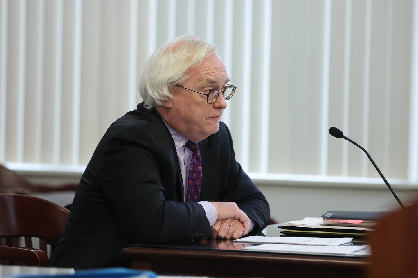 John Partelow, defense attorney for Karl Ferrell, speaks during the People v. Ferrell hearing at the Will County Annex building. Will County state’s attorneys are motioning to remove Joliet Township Trustee Karl Ferrell from the township board as they contend his past felony record disqualifies him from holding elected office. Tuesday, Mar. 30, 2022, in Joliet.