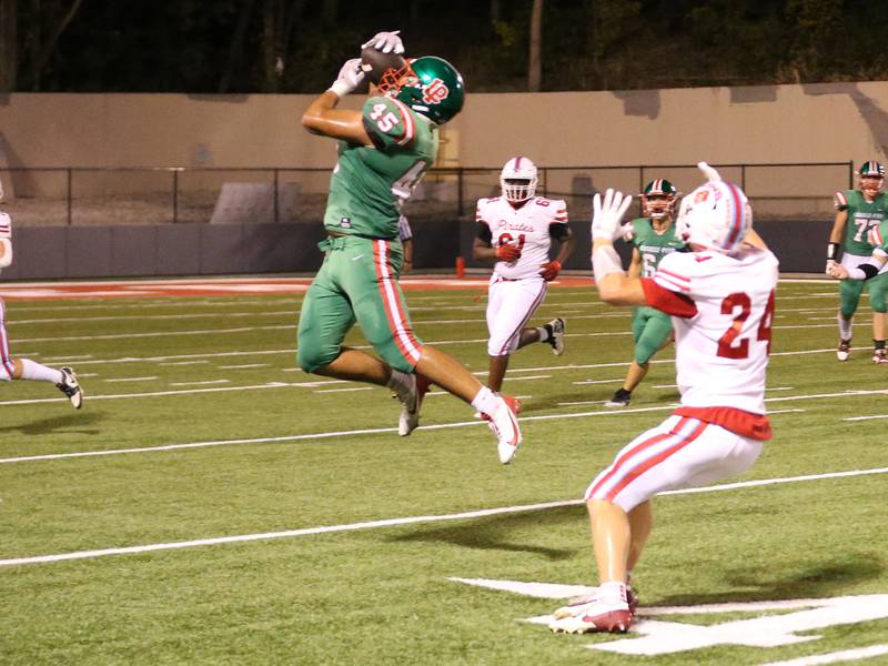 L-P's Andres Medina makes a catch over Ottawa's Weston Averkamp but the play was called back for a penalty on Friday, Sept. 13, 2024 at Howard Fellows Stadium.