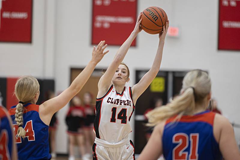 Amboy’s Jillian Anderson hauls down a pass against Eastland Friday, Jan. 19, 2024 at Amboy High School.