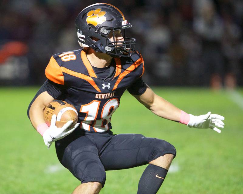 Crystal Lake Central's Ben Freese looks for room to run against Prairie Ridge on Friday, Oct.18, 2024 in Crystal Lake.