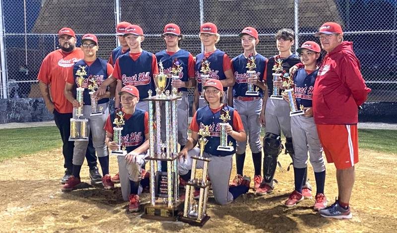 Crest Hill Sports Huddle won the DuPage River Pony League title. The team is pictured here with its championship trophies.