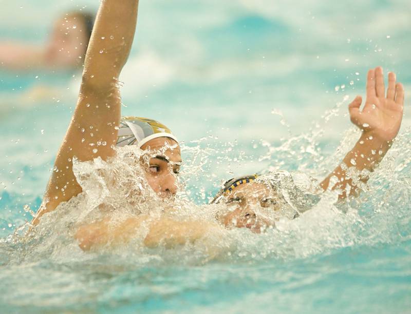 Stevenson’s Armeet Gill, left, and Lyons’ Sami Rabah battle in the IHSA boys water polo championship in Lincolnshire on Saturday, May 18, 2024.