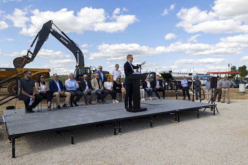 Lee County Industrial Development Association Executive Director Tom Demmer talks about the economic impact the new hotel will have during a groundbreaking ceremony Wednesday, May 29, 2024.