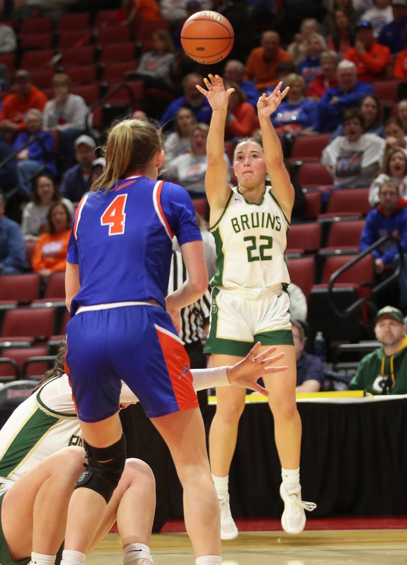 St. Bede's Ella Hermes shoots a jump shot over Okawville's Caroline Tepe during the Class 1A State semifinal game on Thursday, Feb. 29, 2024 at CEFCU Arena in Normal.