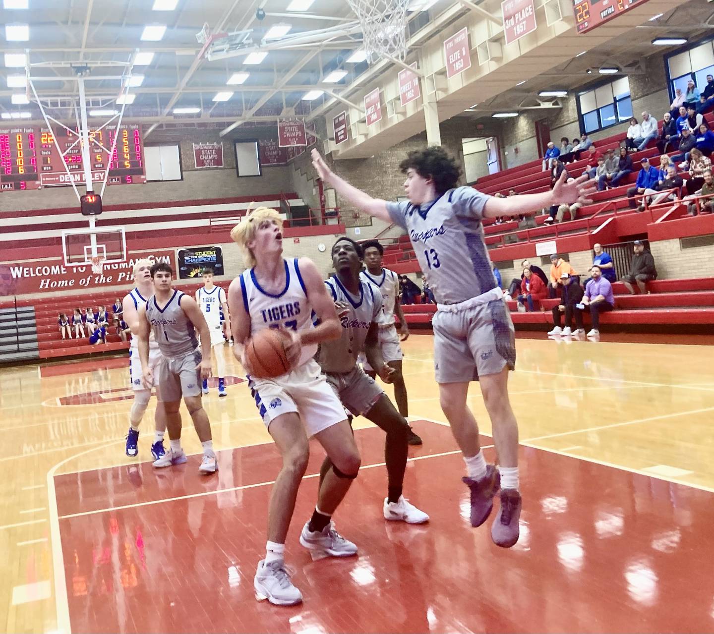 Princeton's Noah LaPorte scores in the paint in the first half during Saturday's fifth-place game of the Ottawa Thanksgiving Tournament against Plano. He scored 32 points to lead the Tigers to a 59-56 win in overtime.