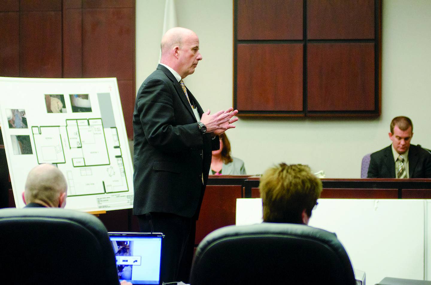 Assistant Attorney General Bill Elward questions Rock Falls Police Detective Sgt. Jay Koett Monday during the first day of testimony in the murder trial of Nicholas Sheley.