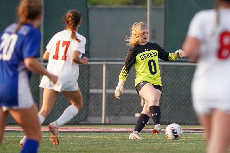 Geneva’s Jordan Forbes (0) plays the ball in the box against Glenbard East's Sam Anderson (17) during a Class 3A Glenbard East Regional semifinal soccer match at Glenbard East High School in Lombard on Tuesday, May 14, 2024.