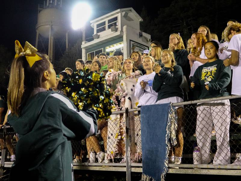 St. Bede Cheerleader chants to crowd on Friday, September 6, 2024 at St. Bede in Peru.