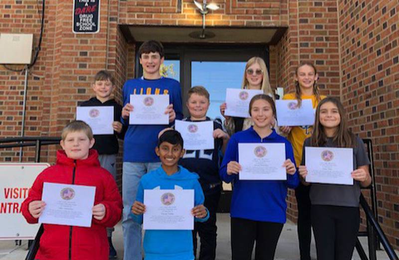 The 1st quarter recipients are fifth graders Alexis Watson (absent from photo), Tucker Cain, Eli Cochran, Kara Otley and Calin Yelverton; sixth graders Jenna Petersen and Ethan Meyer, seventh graders Reuel Pattar and Emma Dye and eighth graders Melanie Zimmerman and Deacon Gutshall.