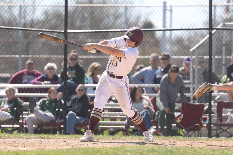 Morris’ Cody DelFavero drives in two runs against Coal City on Saturday, April 13, 2024