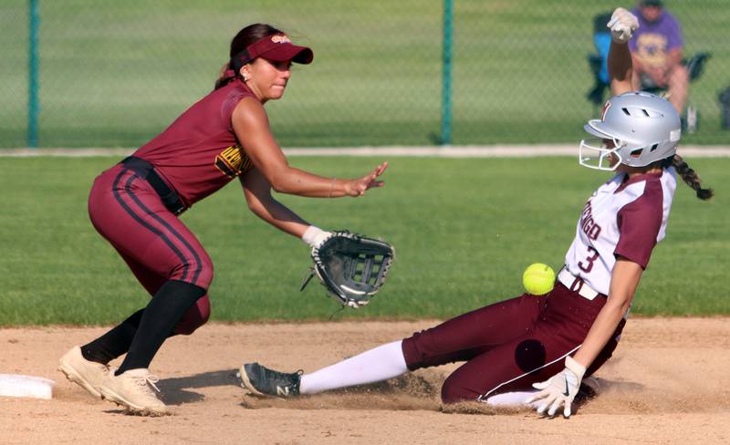 Marengo’s Marissa Young, right, slides safely with a steal at second base as Richmond-Burton’s Adriana Portera fields the toss in varsity softball at Marengo Monday.