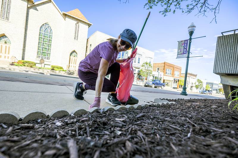 Paula Sherman picks up garbage in downtown Dixon Wednesday, May 1, 2024 as part of the Beautify Dixon campaign.