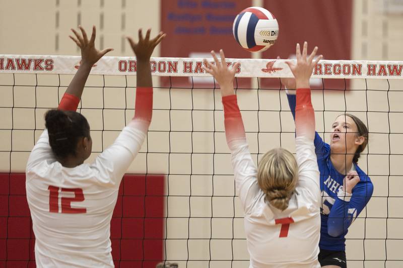 Newman’s Lucy Oetting hammers the ball against Oregon Thursday, Sept. 12, 2024, at the Blackhawk Center in Oregon.