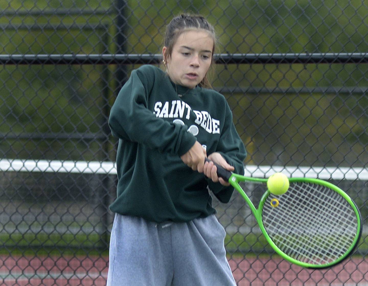 St Bede’s Bailey Engles during singles play Saturday during the IHSA Tennis Sectional in LaSalle