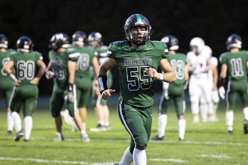 Rock Falls’ Isaac Duchy comes off the field after scoring on a fumble against Dixon Friday, Sept. 13, 2024, at Hinders Field in Rock Falls.