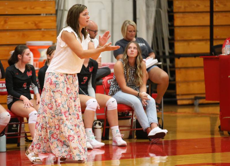 Woodland head volleyball coach Michelle Pitte coaches her team against Streator on Monday, Aug. 26, 2024 at Streator High School.