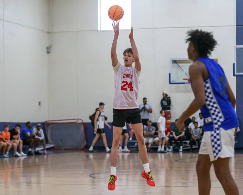 Benet's Daniel Pauliukonis (24) shoots a jump shot at the Riverside-Brookfield Summer Shootout basketball tournament. June 22, 2024.