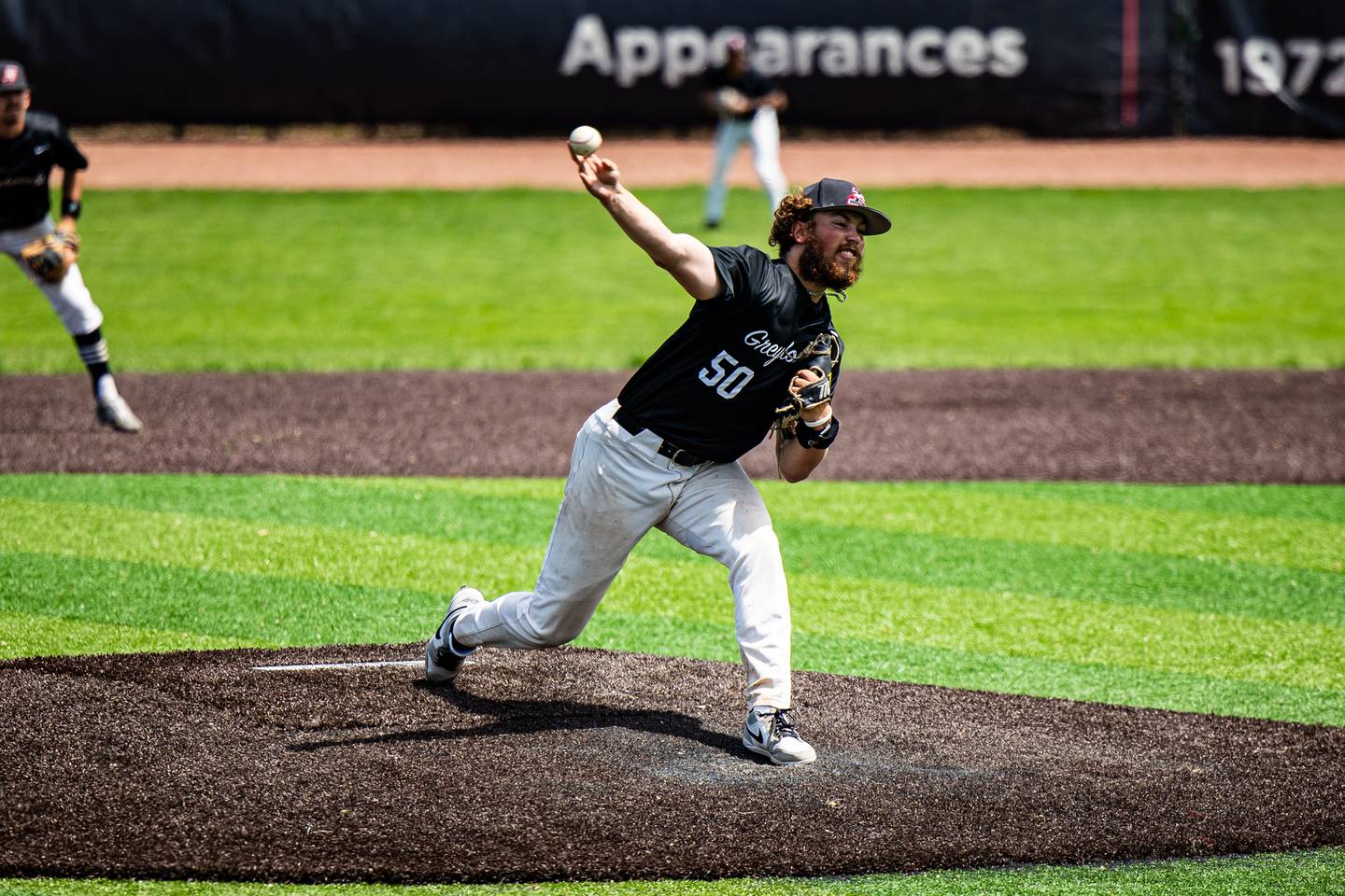 Hall alumnus Payton Plym delivers a pitch for the University of Indianapolis baseball team. Plym is 7-0 with two saves this season. Plym and the Greyhounds will play in the NCAA Division II World Series.
