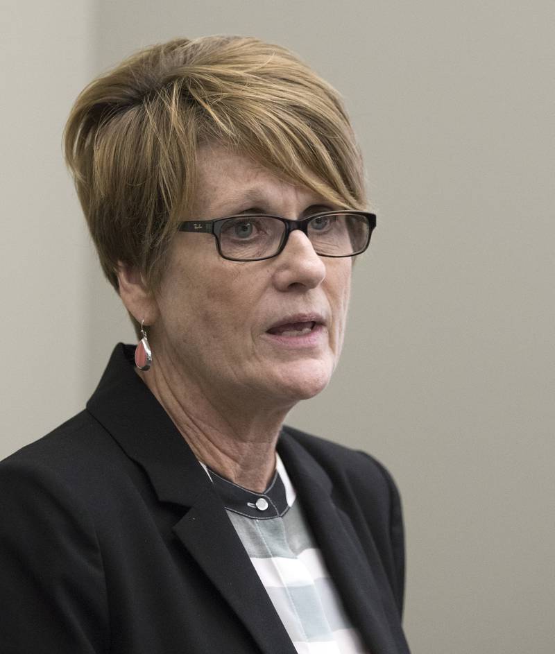 Chief Judge Robbin Stuckert discusses risk assessment and bail reform with a small gathering at the DeKalb County Courthouse on Wednesday, September 28, 2016 in DeKalb.  DeKalb County is working to move away from a traditional cash bail and replace it with risk assessment and other pre-trial services.