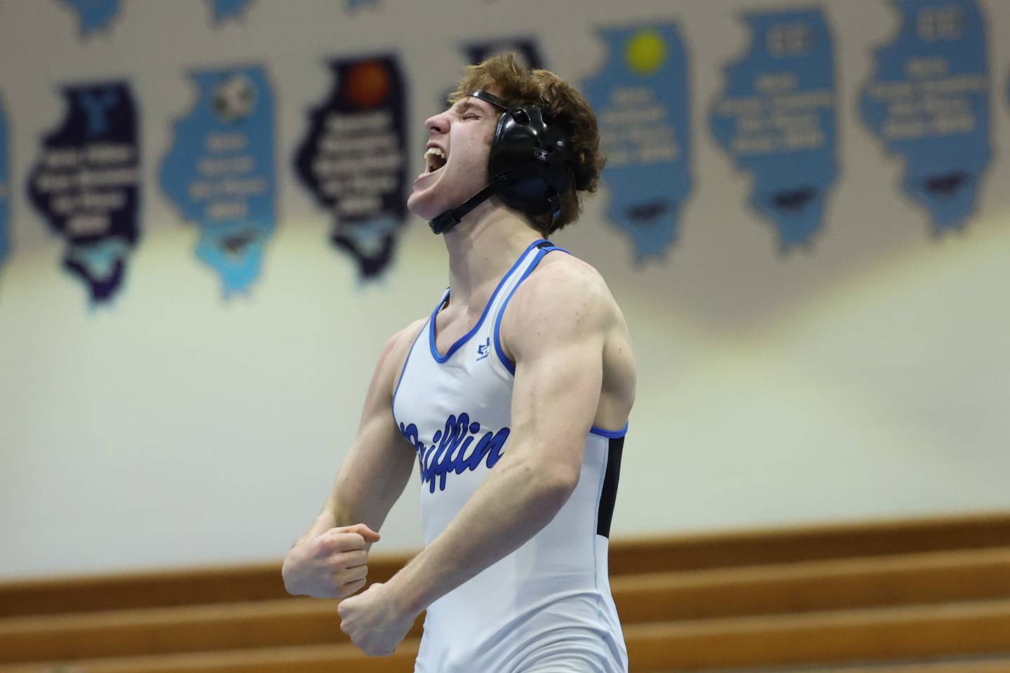 Lincoln-Way East’s Kevin Byrne flexs after his pin against Joliet Catholic’s Aurelio Munoz in the Class 3A dual team sectional at Downers Grove South High School on Tuesday, Feb. 20th 2024.
