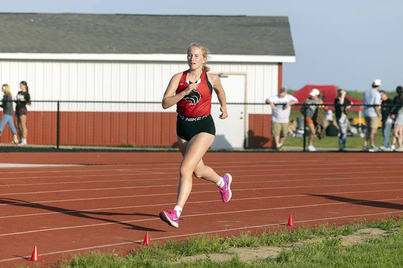 Indian Creek’s Jolee Larson leads and wins the 3200 run Wednesday, May 10, 2023 at the class 1A Erie girls track sectional.