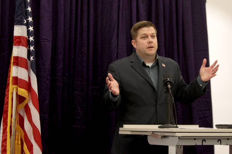 David Pietryla, candidate for St. Charles’ 4th ward alderman, answers a question during a candidate forum hosted by the St. Charles Chamber of Commerce at Clarke Control in St. Charles on Wednesday, Feb. 22, 2023.