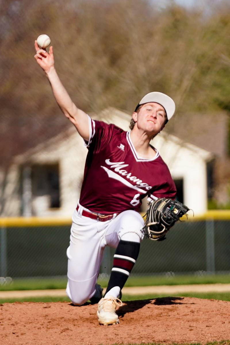 Marengo's Andrew Johnson (6) delivers a pitch against Plano during a baseball game at Plano High School on Monday, April 8, 2024.