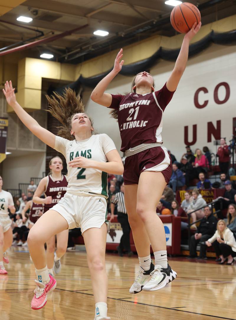 Montini Catholic’s Alyssa Epps (21) puts up a shot against Grayslake Central during the girls Class 3A Concordia University Supersectional basketball game on Monday, Feb. 26, 2024 in River Forest, IL.