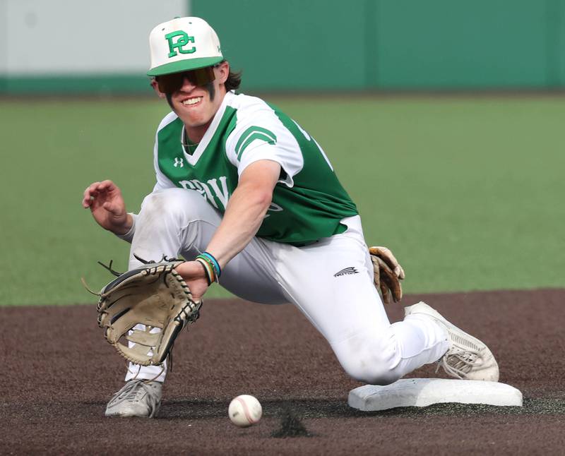 Providence Catholic's Eddie Olszta tries to make a play during their Class 4A state semifinal game against Edwardsville Friday, June 7, 2024, at Duly Health and Care Field in Joliet.