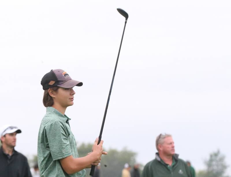 St. Bede's Zach Husser tees off during the Class 1A Regional on Wednesday, Sept. 27, 2023 at Wolf Creek Golf Coub in Pontiac.