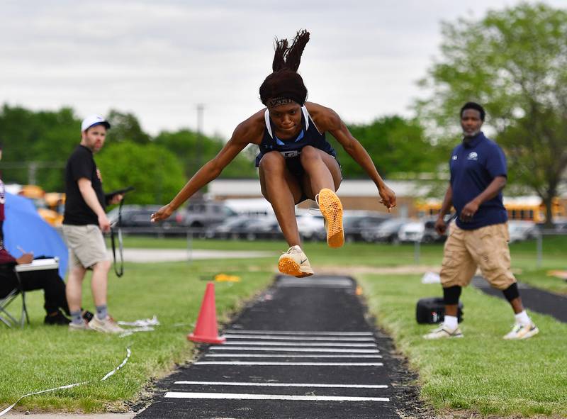 Plainfield South's Jahnel Bowman competing in the triple jump during the IHSA 3A Sectional track meet  on Wednesday, May. 08, 2024, at Minooka.