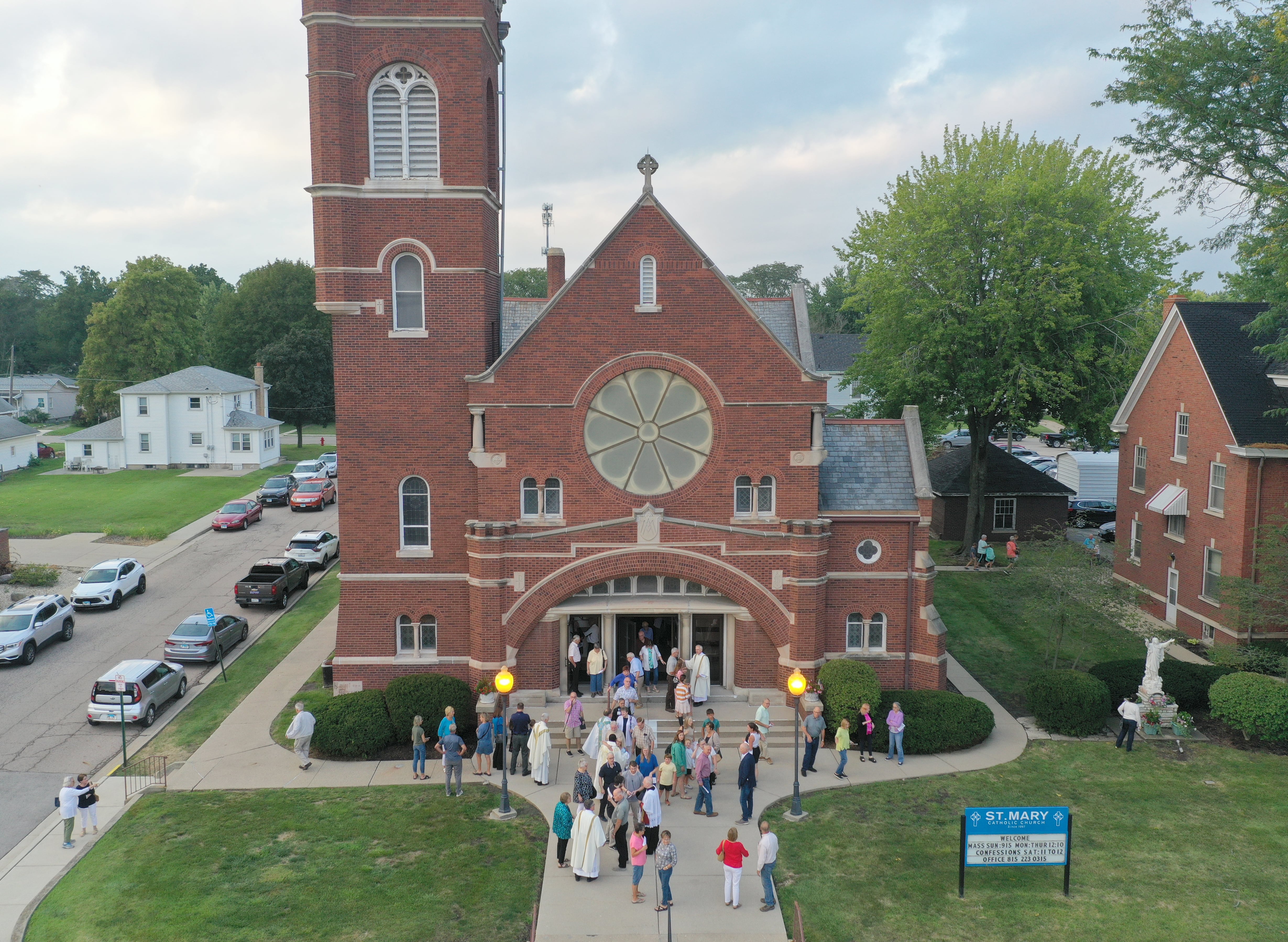 An aerial photo of St. Mary's Church as hundreds of parishioners exit during the final Mass on Thursday, Aug. 15, 2024 in Peru. The church was founded in 1867.