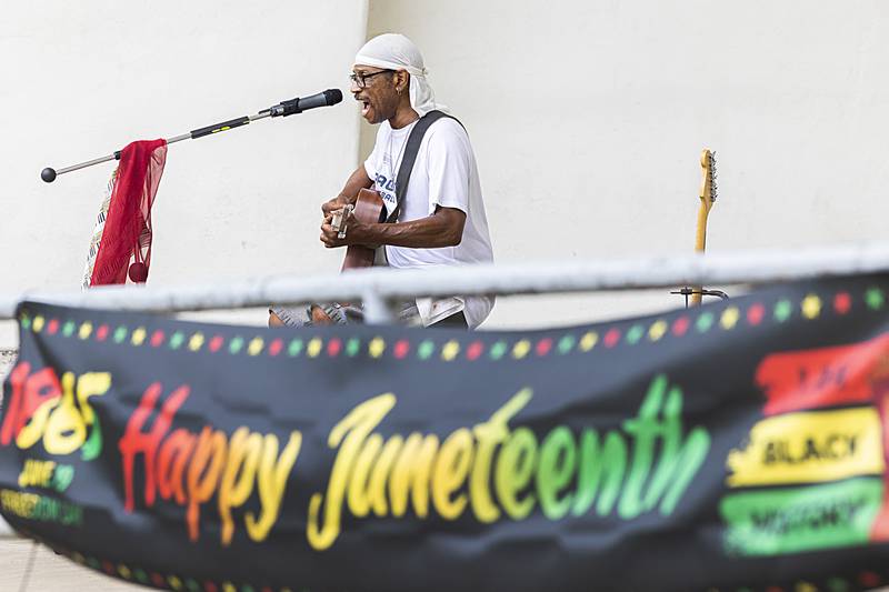 Robbie Leblanc entertains the crowd Saturday, June 22, 2024 during Sterling’s Juneteenth celebration. The event featured music, giveaways, food and vendors to recognize June 19, a day to commemorate the end of slavery in the United States.