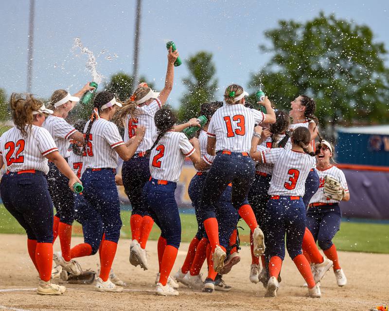 Oswego celebrates their win over Yorkville in the Class 4A Oswego Regional final softball game. May 24th, 2024.