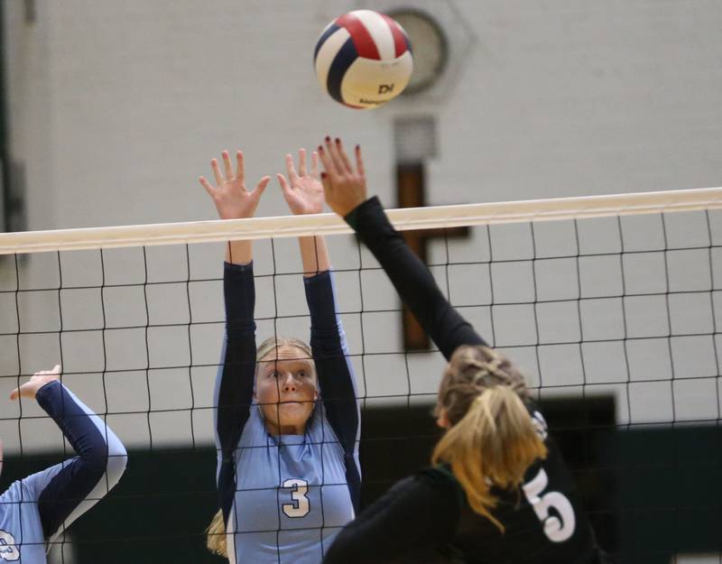 St. Bede's Emma Smudzinski gets the ball past Bureau Valley's Taylor Neuhalfen on Monday, Sept. 9, 2024 at St. Bede Academy.