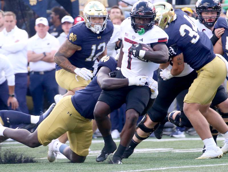 NIU's Antario Brown tries to break free as the Notre Dame defense pulls him back on Saturday, Sept. 7, 2024 at Notre Dame Stadium.