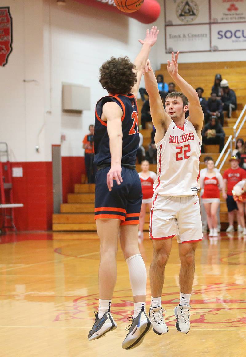 Streator's Christian Benning shoots a jump shot over Pontiac's Riley Weber during the Class 3A Regional semifinal game on Wednesday, Feb. 22, 2024 at Pops Dale Gymnasium.