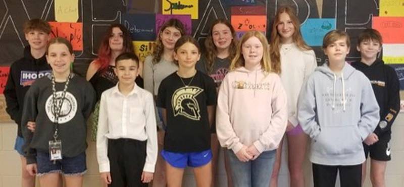 Sycamore Middle School Students of the Month for March. The sixth grade students are Nolan Cox, Aida Doty, Brecken Peterson, and Taylor Wiepert. The seventh grade students are Anna Anderson, Calvin Ebert, Cooper Lynd, and Kelly Snyder. The eighth grade students are Isabelle Beard, Ivan Cristancho, Layna Peterson, and Avery Wassner.