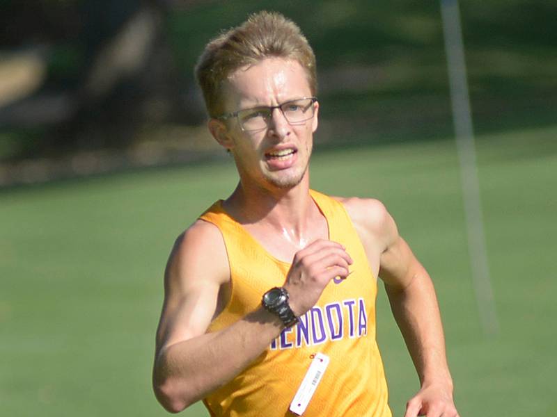 First finisher,  Mendota’s Anthony Kelson running the course at Eastwood Country Club in Streator Saturday during the LaSalle County Invitational.