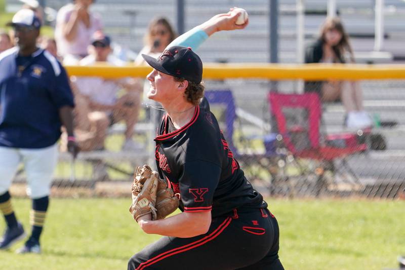 Yorkville's Nate Harris (15) delivers a pitch against Neuqua Valley during a Class 4A Neuqua Valley Regional semifinal baseball game at Neuqua Valley High School in Naperville on Thursday, May 23, 2024.