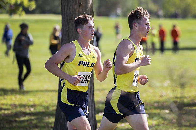 Polo’s Kameron (left) and Kale Grove runs in the 50th Amboy Columbus Day Cross Country Invite Monday, Oct. 9, 2023.