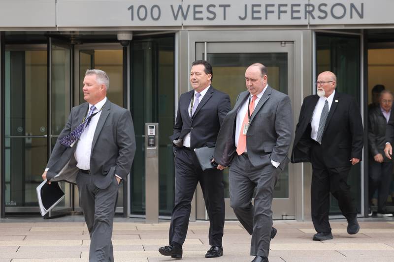 Will County Assistant State's Attorneys Michael Fitzgerald (left), Peter Wilkes, Chris Koch, and Will County Chief Deputy State's Attorney Ken Grey leave the Will County Courthouse in Joliet on Monday, Oct. 16, 2023. The prosecutors successfully argued for the continued pretrial detention of Joseph Czuba, 71, who is charged with murder of a child, attempted murder of the child's mother and committing a hate crime against both victims because of their Islamic faith.