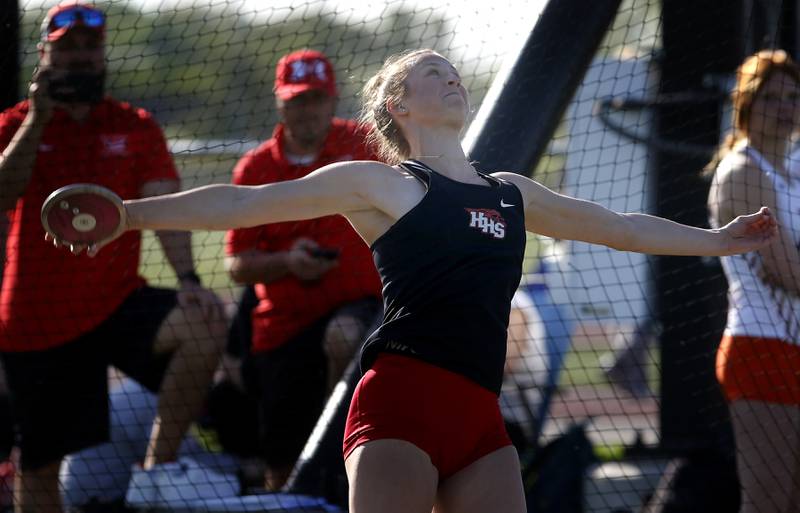 Huntley’s Sienna Robertson throws the discus during the Huntley IHSA Class 3A Girls Sectional Track and Field Meet on Wednesday, May 8, 2024, at Huntley High School.