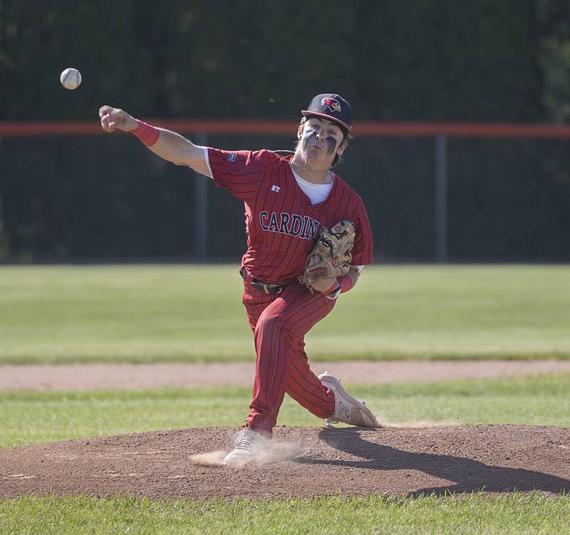 Stillman Valley’s Aiden Cicogna fires a pitch against Newman Wednesday, May 22, 2024 in the Class 2A sectional semifinal in Byron.