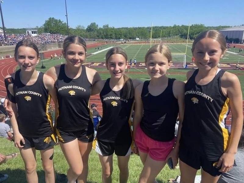 The PCJH 8th grade girls 4x100 relay of Chloe Christiansen, Sarah Schennum, Anniston Judd, Mylee Christiansen and Makenna Wrobleski placed 17th of 27 teams with a time of 5:55.70.