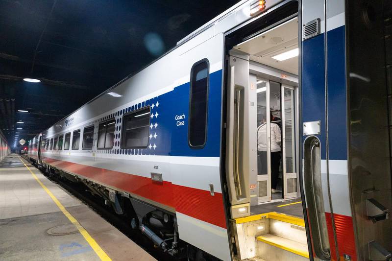 The exterior of a new Siemens Venture passenger car is displayed Monday, June 26, 2023, at Chicago's Union Station after a news conference announcing faster rail service. Illinois is part of a multi-state consortium working to purchase 88 new single-level railcars that are fully accessible for persons with disabilities.